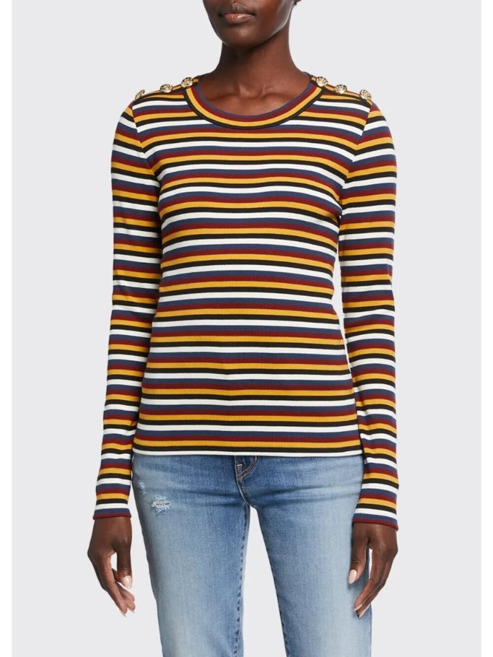 Veronica Beard Mayer Rib Striped Long-Sleeve Top with Gold Buttons, Medium